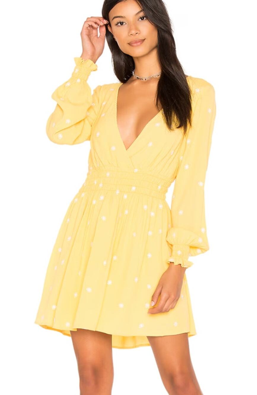 For Love & Lemons Chiquita Long Sleeve Yellow Floral Embroidered A-Line Dress